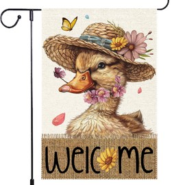 Welcome Spring Garden Flag Butterfly Colorful Floral Small Duck Rustic Farmhouse Home Yard Lawn Outdoor Flags 12x18 Inch Burlap Double Sided