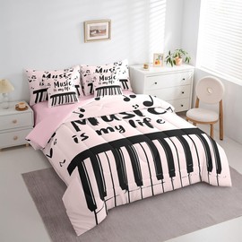 Feelyou Music 7 Pieces Bedding Set Full Size Light Pink Comforter Set with Sheets for Kids Boys Girls Hip Hop Bed in a Bag Musical Instrument Bed Set