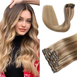 XDhair Clip-In Real Hair Extensions, 45 cm, 120 g, 6 Pieces, Light Brown with Golden Blonde, Invisible Clip Extensions, Remy Real Hair Extensions (#10/16/16-18 inches)