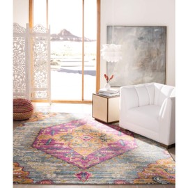 SAFAVIEH Madison Collection MAD119C Boho Chic Medallion Non-Shedding Living Room Bedroom Accent Area Rug, 4' x 6', Blue / Fuchsia
