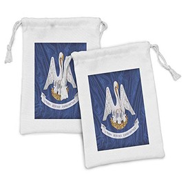 Lunarable American Fabric Pouch Set of 2, Louisiana Flag Pelican Wounding Her Breast to Feed Her Young Ribbon Image, Small Drawstring Bag for Toiletries Masks and Favors, 9" x 6", Blue Mustard White