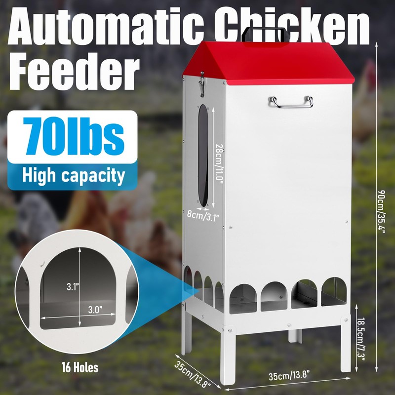 PAUQRWIE 70-80lbs Large Automatic Chicken Feeder with 16 Feeding Ports