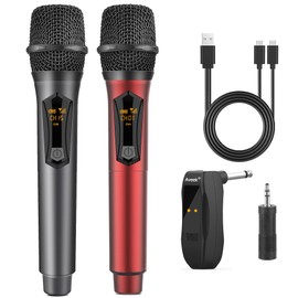 Aveek Wireless Microphone for Karaoke, 2.4GHz Rechargeable Karaoke Microphone(Work 10hs), for Speaker, Karaoke Machine,Church, Speech, Wedding, Party Singing, Grey&Red, 2 Packs