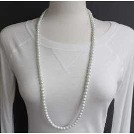 White Faux Pearl Necklace 30" Long Pearly Beads 8mm Bead Long Necklace For Women