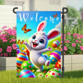 BlissYard Happy Easter Garden Flag 12x18 Inch Double Sided Welcome Bunny Easter Egg Design Small Outdoor Yard Flag Cute Spring Easter Banner for Porch Lawn Patio Garden Decor