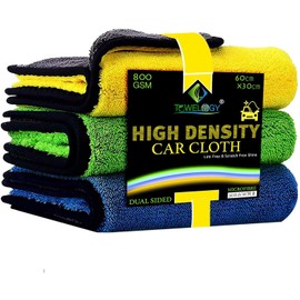 Towelogy® Microfibre Car Cleaning Cloths 800gsm High Density CHEMICAL FREE Washing Drying Buffing Double Side Super Absorbent Auto Detailing Large Towels 40x40cm (Pack Of 3, Blue/Yellow/Green)