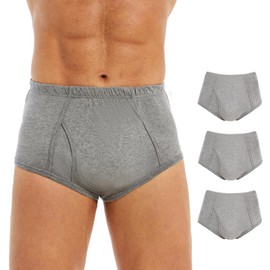 PurityLock Men's Incontinence Underwear Washable - Cotton Leak Proof Briefs with Flying, Complete Front & Rear Leakproof, 150ml Absorbency (3 Pack, Gray, 3XL)