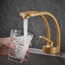 Elegant Bathroom Sink Faucet Single Hole,AUU Waterfall Vanity Sink Faucet Solid Brass,Single Handle Basin Tap with Pop Up Drian Supply Line (Frosted gold-hollow)