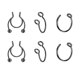 JOFUKIN 6pcs Black Stainless Steel Flexible Fake Septum Ring Non-Pierced Fake Horseshoe Septum Piercing Clip-On Nose Rings