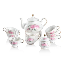 Sweejar Porcelain Tea Set, Vintage British Floral Relief Gold Rimmed Teapot Cup and Saucer Set, Tea Set Service for 6, with Teapot, Sugar Bowl, Milk Jug, Spoons, Tea Cup and Saucer (Pink Flower)