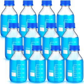 Irenare 12 Pieces Media Storage Bottles Borosilicate Storage Glass Scientific Round Graduated Media Bottle with Blue Gl45 Screw Cap for Lab Water Reagent Liquids(500 ml)