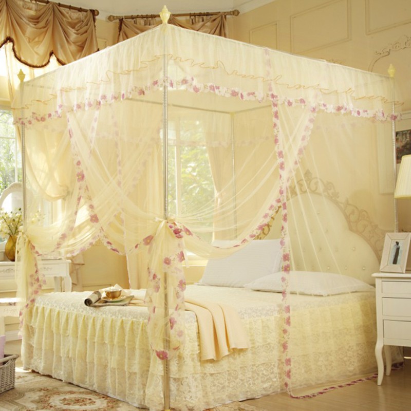 Luxury Princess 3 Side Openings Post Bed Curtain Canopy Netting