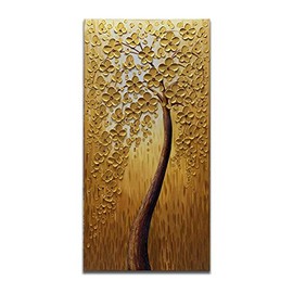 Yika Art, 3D Paintings Modern Abstract Oil Painting Hand Painted On Canvas Abstract Artwork Picture Wall Decoration for Living Room - Golden Lucky Tree Wall Art-24X48 Inch