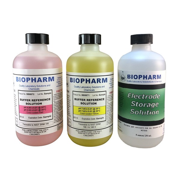 pH Buffer Calibration Solution 3-Pack: pH 4.00 Buffer, pH 7.00 Buffer, and Electrode Storage Solution — 250 mL (8.4 fl oz) Each — NIST Traceable Reference Standards for All pH Meters