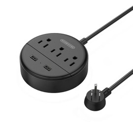 NTONPOWER Flat Plug Power Strip with USB Ports, NTONPOWER Nightstand Desktop Charging Station with 5/10/15/25ft Short Extension Cord, Wall Mount, 3 Outlet and 2 USB, Small Size for Travel Home Office Dorm Room, Black - Length: 10ft
