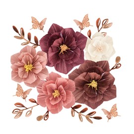 Rikyo Paper Flower Decor Supplies Set, 19pcs Multicolor Paper Flowers & Leaves, Golden Butterflies, for Wall, Wedding, Party Decoration