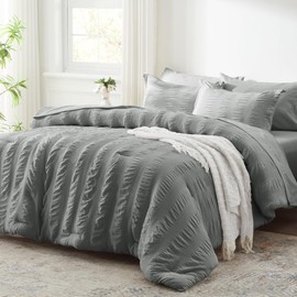 Zzlpp Full Comforter Set 7 Pieces, Grey Seersucker Bed in a Bag with Comforter and Sheets, All Season Bedding Sets with 1 Comforter, 2 Pillow Shams, 2 Pillowcases, 1 Flat Sheet, 1 Fitted Sheet