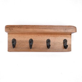 Indus Lifespace Acacia Wood Rustic Key Holder for Wall, Farmhouse Wall Shelf with 4 Hooks for Entryway Farmhouse Kitchen (25.4cm x 8.89cm x 8.89cm)