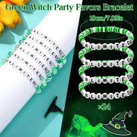 Landical 24 Pcs Friendship Bracelet Witch Party Favors Women Inspirational Stackable Bracelets Green Polymer Clay Letter Bead Bracelet for Fans Accessories Supplies Decoration