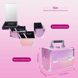 Makeup Train Case Lightweight Cosmetic Box Portable Lockable Makeup Case Organizer 2 Trays Makeup Storage with Mirror Locking for Traveling Makeup Storage Box-Pink