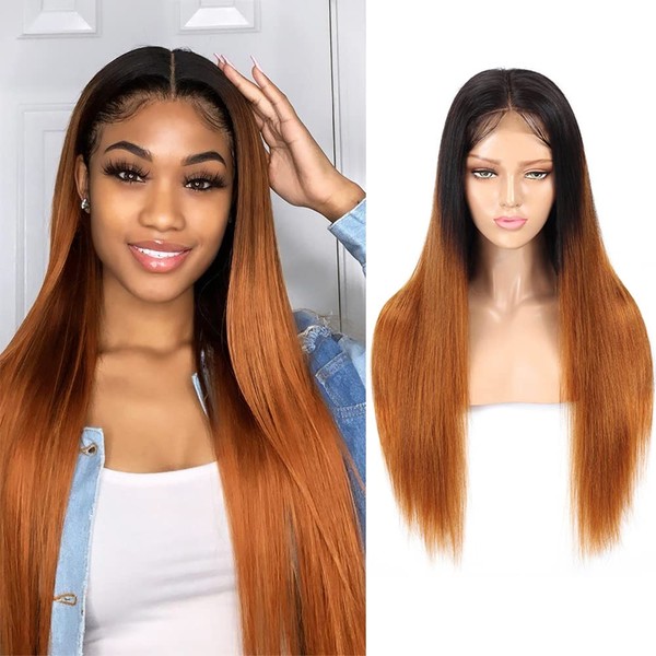 ALISFEEL 4x4 Lace Front Wig 100% Real Brazilian Hair Ombre 1B 30 Wig, Silky Straight Human Hair Wigs, 150% Density Lace Closure Wigs (20", 1B/30, Straight, 150% Density)