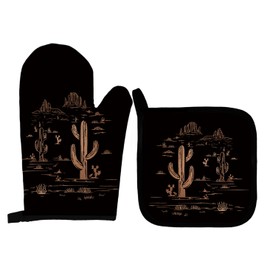 Qeheb Western Desert Black Oven Mitts and Pot Holders Sets, Cactus Kitchen Decor, Cactus Decor Oven Mitts, Southwest Decor Kitchen, Western Decor Over Mittens for Kitchen Decor