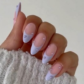 Blue French Tip Press On Nails Almond Fake Nails Medium False Nails With Pearls Design Summer Glue On Nails Acrylic Full Cover Artificial Nails Glossy Reusable Stick On Nails For Women 24Pcs