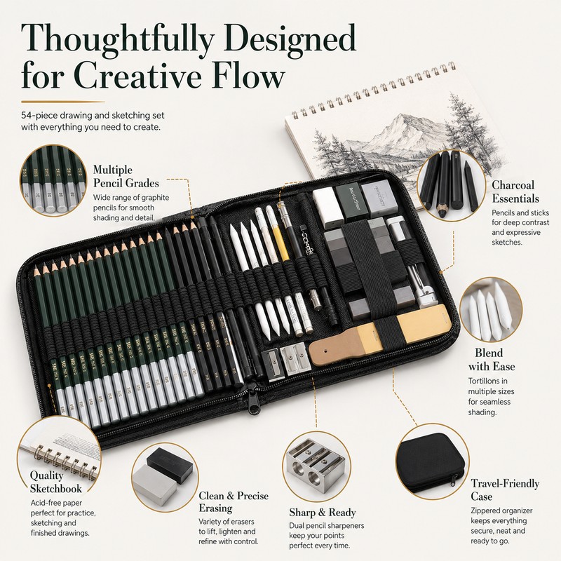 54-Piece Drawing and Sketching Kit for Artists – Complete Pencil