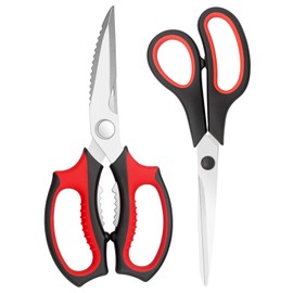 Kitchen Scissors, Heavy Duty Kitchen Shears with Sharp Stainless Steel Blades + 8-Inch Multi-Purpose Scissors, Right or Left Handed, Dishwasher Safe, Set of 2