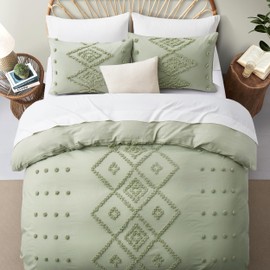 Oli Anderson Tufted Duvet Cover Queen Size, Soft and Lightweight Duvet Covers Set for All Seasons, 3 Pieces Boho Embroidery Shabby Chic Bedding Set (Mist Sage, Queen, 90"x90")