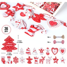 Adorfine Pack of 36 Wooden Christmas Tree Decorations, Red and White Christmas Tree Ornaments for Christmas Calendar, Decoration