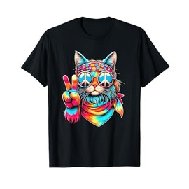 Funny Peace Cat Retro 70s Rainbow Hippie Cat Peace Sign Hand T-Shirt
