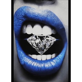 KUSTOM ART Picture Series Images Provocating Lips with Blue Lipstick and Diamond Print on Wood, 30 x 21 cm
