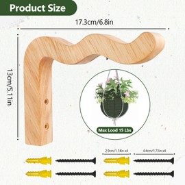 FGSAEOR Plant Hangers Outdoor, Hanging Plant Hooks for Indoors, Wave-Shaped Wooden Hanging Baskets for Wall Plant Hooks Heavy Duty for Flower Pots Wind Chimes and Bird Feeders (2-Pack, 6.8-Inch)