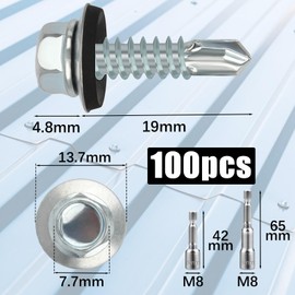 sturiz Pack of 100 Self-Tapping Screws 4.8 x 19 mm Trapezoidal Sheet Metal Screws Spengler Screws with Sealing Disc + 2 Pieces Hex Bit Socket Wrench Set M8 Galvanised Drilling Screws (Silver)