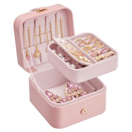 SONGMICS Jewelry Box, Travel Jewelry Case, 2-Layer Jewelry Holder Organizer, 4.4 x 4.6 x 2.8 Inches, Jelly Pink UJBC185R02