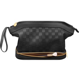 Beaulyn Makeup Bag, Large Capacity Travel Cosmetic Bag, Double Layer Makeup Organizer Bag, PU Leather Checkered Portable Roomy Bag with Divide and Handle, Waterproof Toiletry Bag for Women and Girls