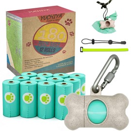 Dog Poop Pickup Bags Holder Dispenser with Standard-Sized Leak-Proof Scented Doggy Waste Bags and Carabiner with Safety Lock&Fastener Never Loose on Leash Lead Again (1 Holder 195 Bags, Beige)