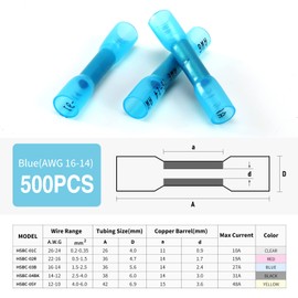 Heat Shrink Butt Connectors, 500Pcs 16-14 AWG Blue Insulated Waterproof Electrical Wire Connectors Automotive Marine Grade Wire Crimp Terminals Butt Splices, Ideal for Boat, Truck, Stereo - Blue