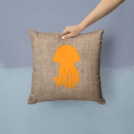 Caroline's Treasures BB1091-BL-OR-PW1414 Jellyfish Burlap and Orange BB1091 Fabric Decorative Pillow Machine Washable, Indoor Outdoor Decorative Pillow for Couch, Bed or Patio, 14Hx14W