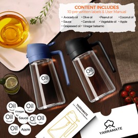 YRRAMATE 2Pcs 16oz/470ml Glass Olive Oil Sprayer for Cooking with Stickers, 2 in 1 Oil Dispenser for Kitchen Gadgets, Food Grade Premium Spray Bottle with Portion Control for Salad, BBQ (Black&Navy)