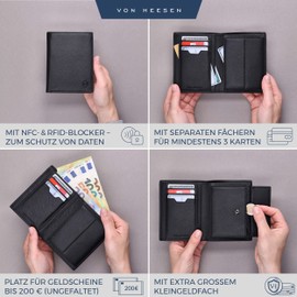 VON HEESEN Men's Leather Wallet with RFID Protection - Genuine Leather Wallet for Men - Women's Wallet, Black (Saffiano), Portrait Medium (Bifold)