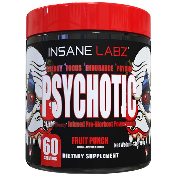 Insane Labz Psychotic, High Stimulant Pre Workout Powder, Extreme Lasting Energy, Focus and Endurance with Beta Alanine, Creatine Monohydrate, DMAE, 60 Srvgs