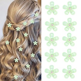 Mezrkuwr Pack of 10 Green Mini Flowers Hair Clips with Rhinestones, Cute Hair Clips, Flower Hair Pins, Decorative Hair Clips, Wedding Hair Clips, Flower Hair Accessories