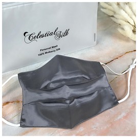 Celestial Silk Premium 22 Momme Silk Face Mask Reusable and Washable Anti Dust Mouth Cover with Adjustable Ear Loops Women (Pleated, Charcoal)