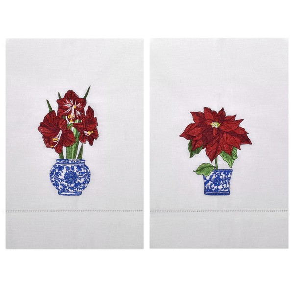 Sally Eckman Roberts Amaryllis & Poinsettia in Chinoiserie Pots Embroidered