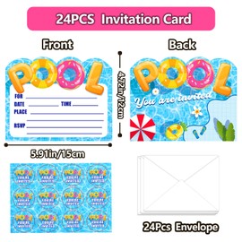 partyzoa 24 Pack Pool Party Invitations with Envelopes and Sticker, Summer Pool Birthday Party Invitation Cards Invites Fill In Invitations for Boys Pool Birthday Party Decorations Supplies Favors
