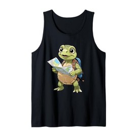 Cartoon Turtle Traveling with Map and Backpack Illustration Tank Top