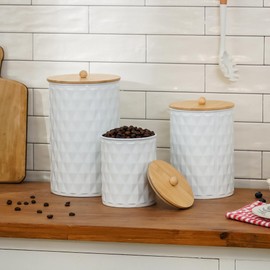HOME PALETTE Kitchen Canister Set of 3 Tea Coffee Sugar Containers with Airtight Bamboo Lids Food Flour Storage for Countertop Metal White Diamond Pattern Embossed Farmhouse Decor
