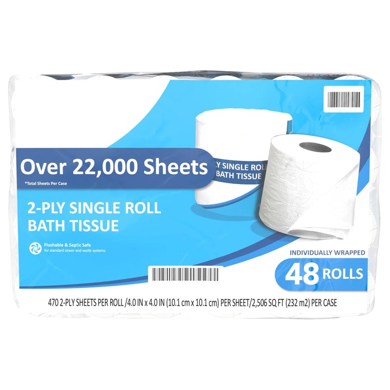 Bath Tissue, Standard Roll, 2-Ply, 4" x 4", 470 Sheets,